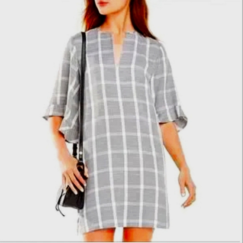 BCBGMaxAzria Tati Windowpane Plaid Ruffle Linen Blend Shift Dress EUC